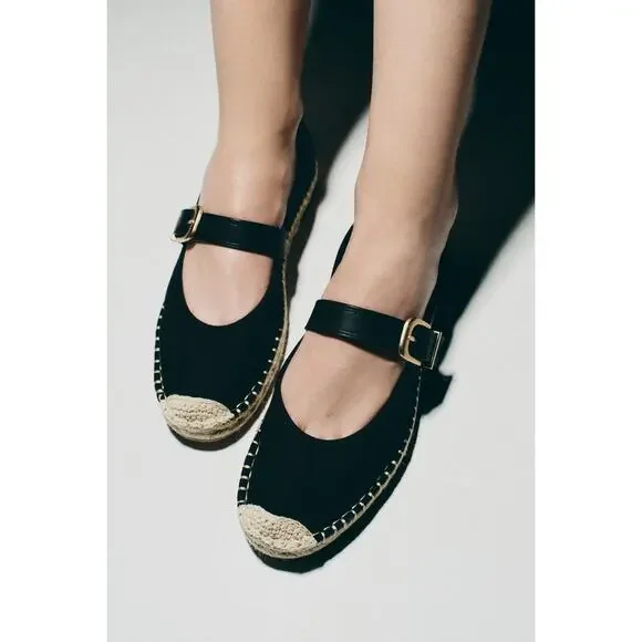 Zara Shoes Zara Black Espadrille Mary Janes Size Nwt Buckle